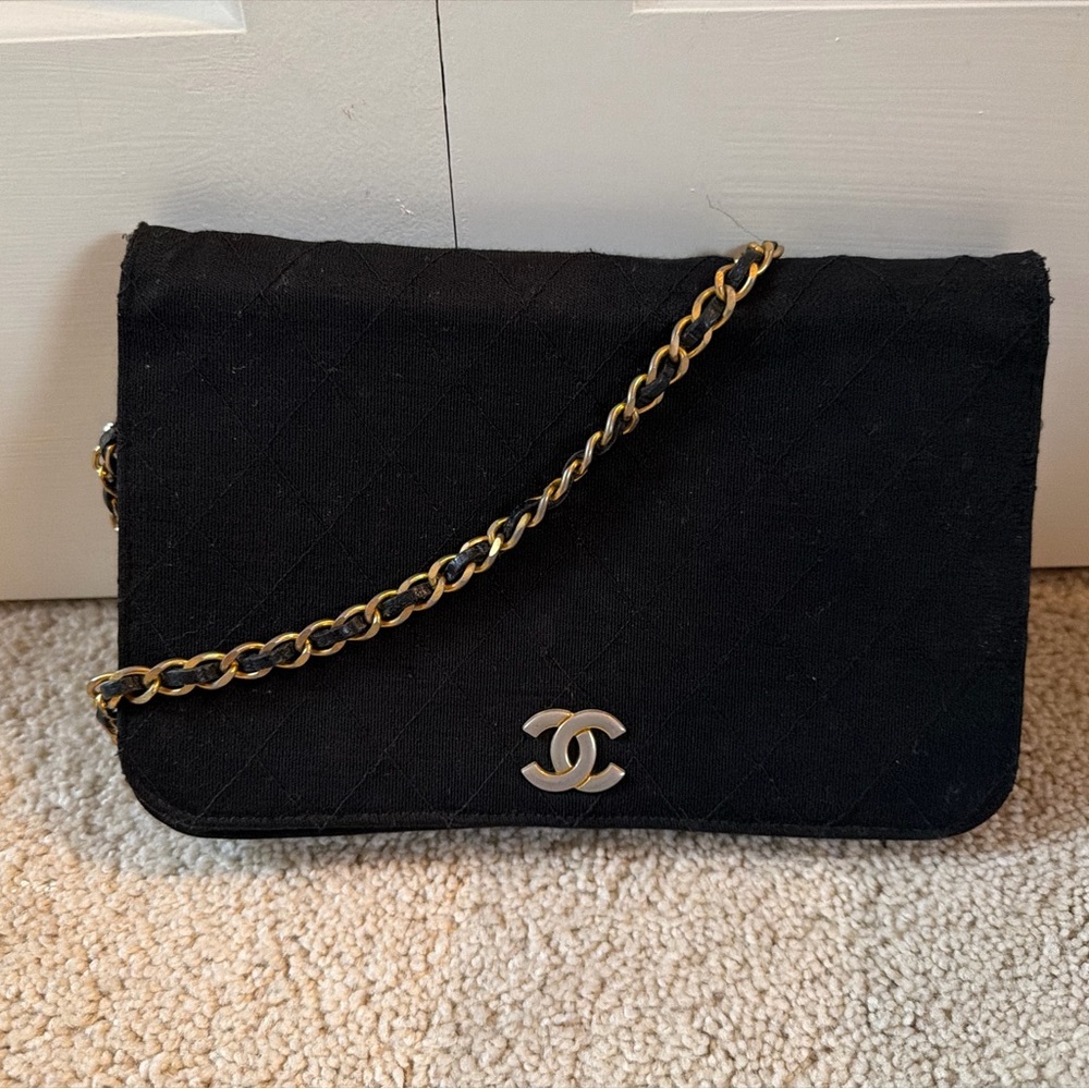 CHANEL Vintage Cotton Jersey Matelasse Flap Bag Black